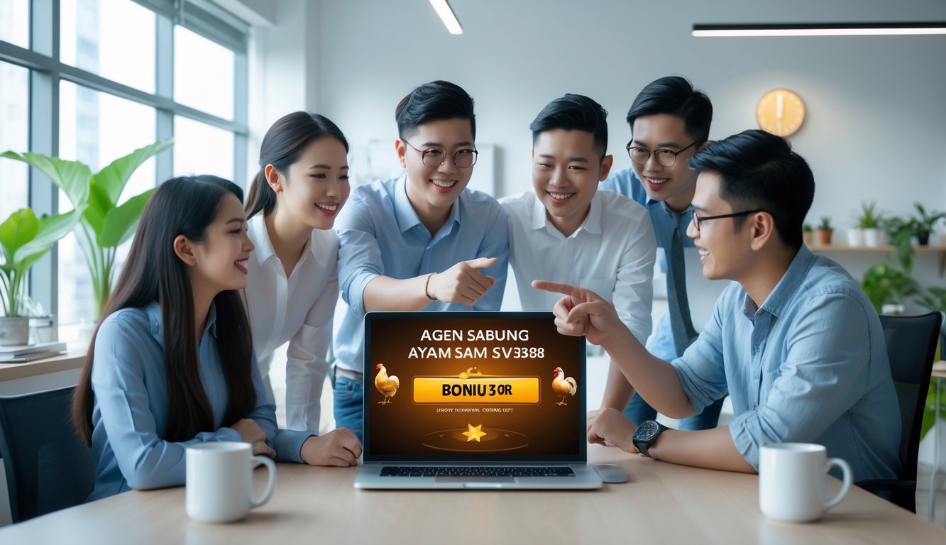 Sekelompok orang muda sedang berdiskusi di kantor modern dengan laptop yang menampilkan permainan sabung ayam digital, suasana cerah dan ramah.