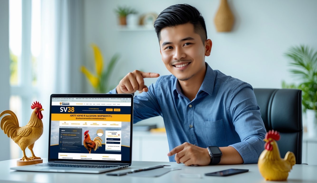 Seorang pria muda Indonesia duduk di meja dengan laptop terbuka menampilkan situs SV388, tersenyum dan menunjuk ke layar di ruangan kantor rumah yang terang dan rapi.