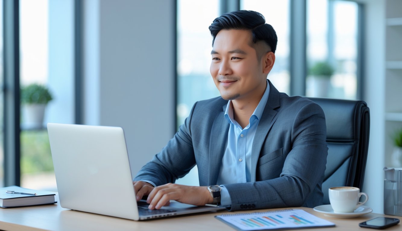 Seorang pria muda duduk di meja kerja dengan laptop, terlihat fokus dan percaya diri di ruang kantor yang terang.