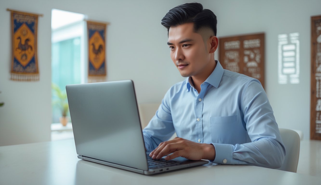Seorang pria Indonesia menggunakan laptop di ruangan terang dengan hiasan batik, menunjukkan suasana aman dan nyaman untuk aktivitas online.