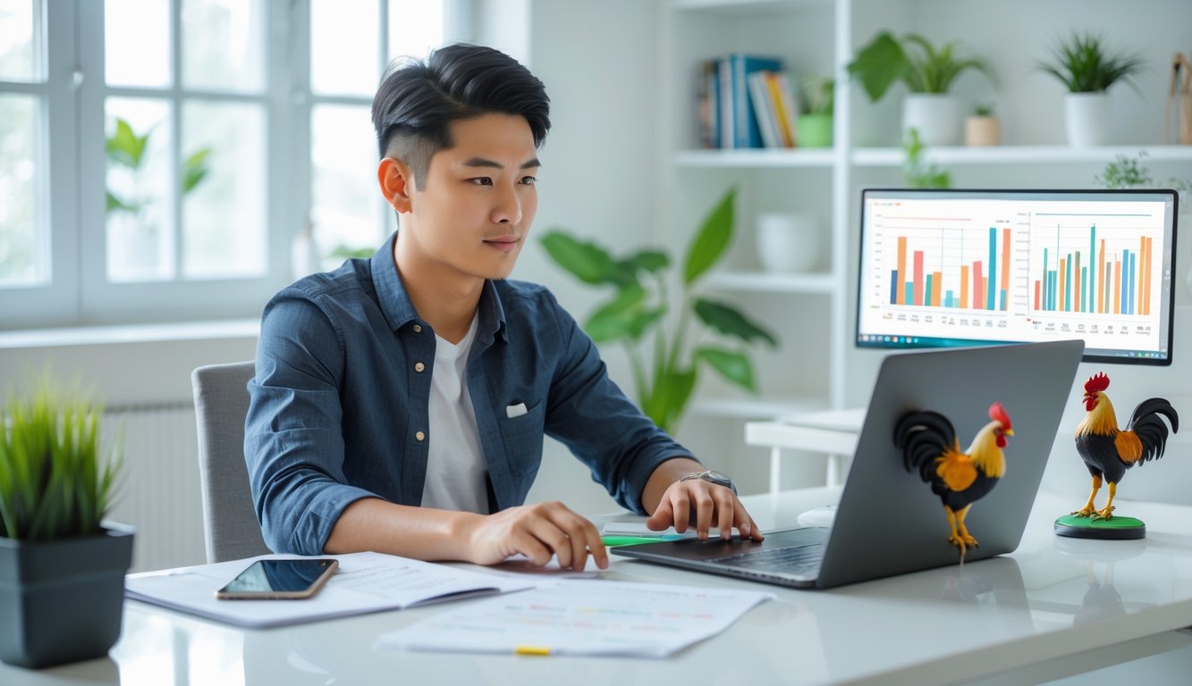 Seorang pria muda duduk di meja kerja dengan laptop dan catatan, terlihat fokus dan termotivasi di ruangan kantor rumah yang terang.