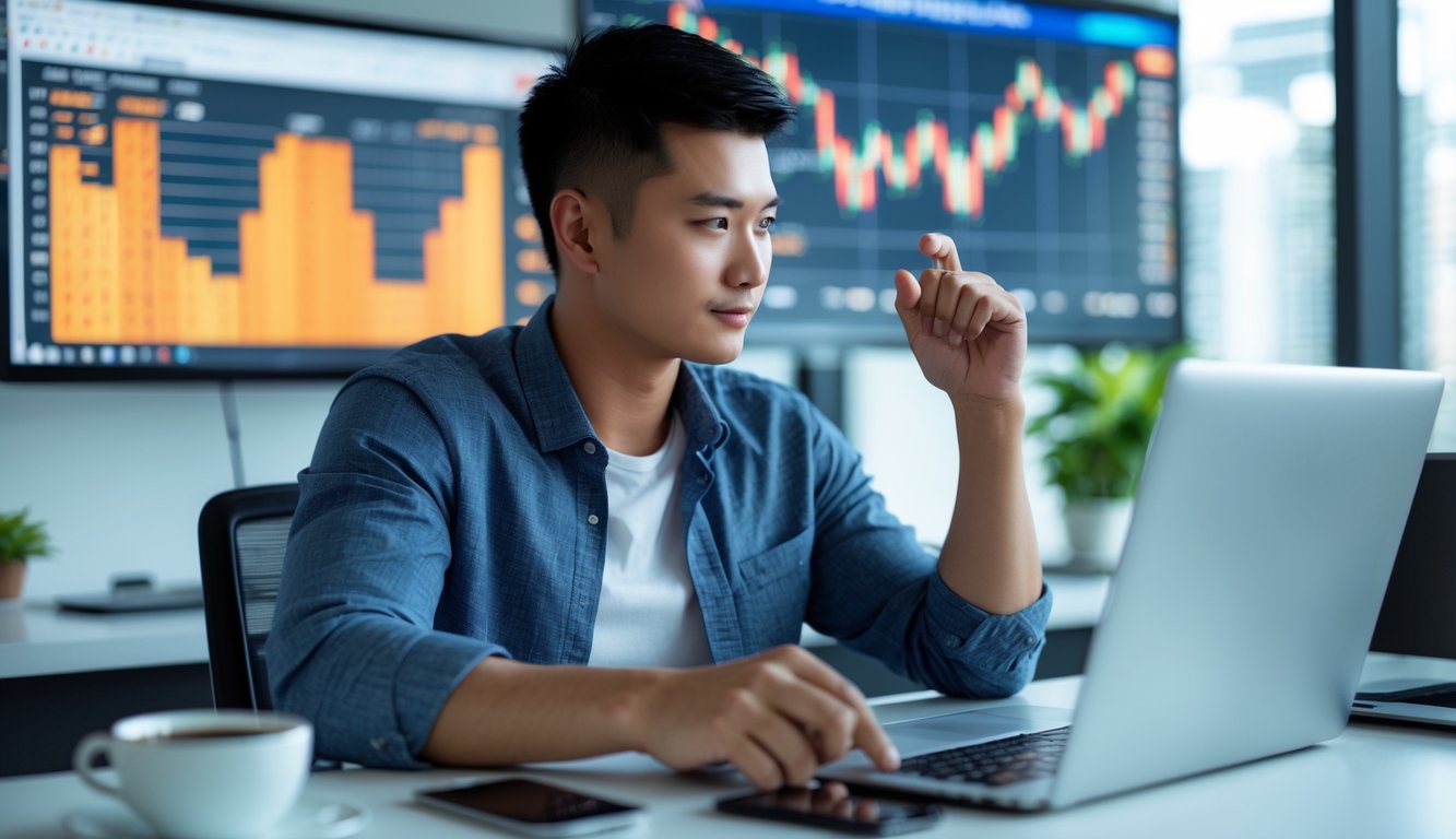 Seorang pria muda duduk di meja kerja dengan laptop dan layar menampilkan data, terlihat fokus dan serius dalam suasana kantor yang terang.