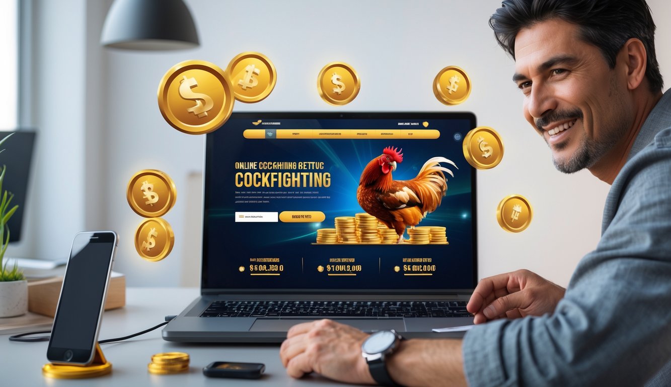 Seorang pria menggunakan laptop dan ponsel untuk bermain dan bertaruh pada situs sabung ayam online di meja kerja modern.