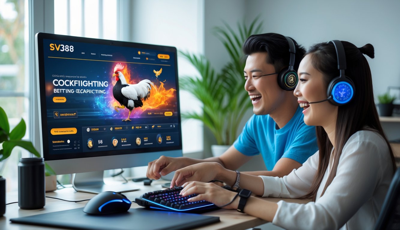 Dua orang muda sedang menggunakan komputer untuk bermain dan bertaruh pada platform sabung ayam online di ruang kerja yang terang dan rapi.