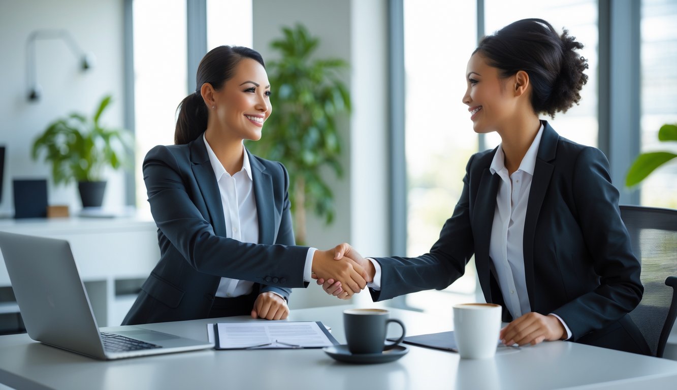 Seorang wanita bisnis berjabat tangan dengan klien di kantor modern, menunjukkan kemitraan dan kepercayaan.