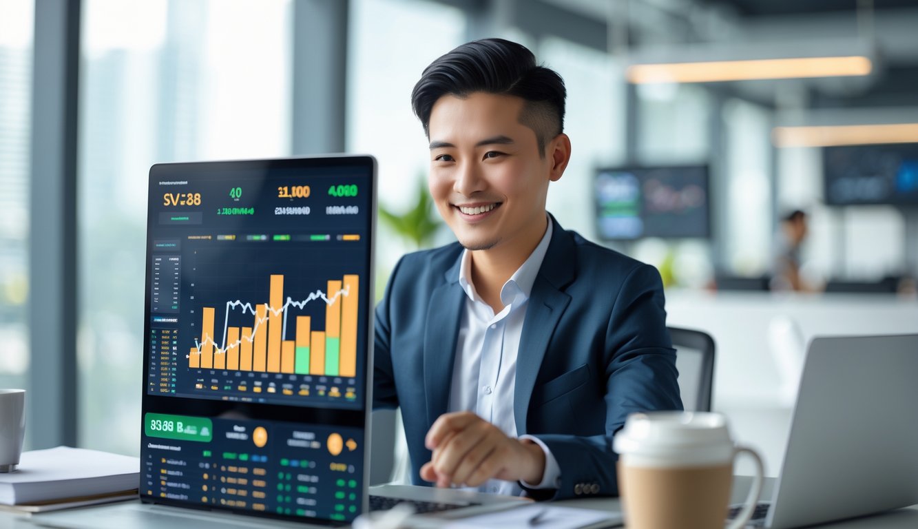 Seorang agen bisnis profesional tersenyum di kantor modern dengan laptop dan ponsel, menunjukkan suasana kerja yang sukses dan terpercaya.