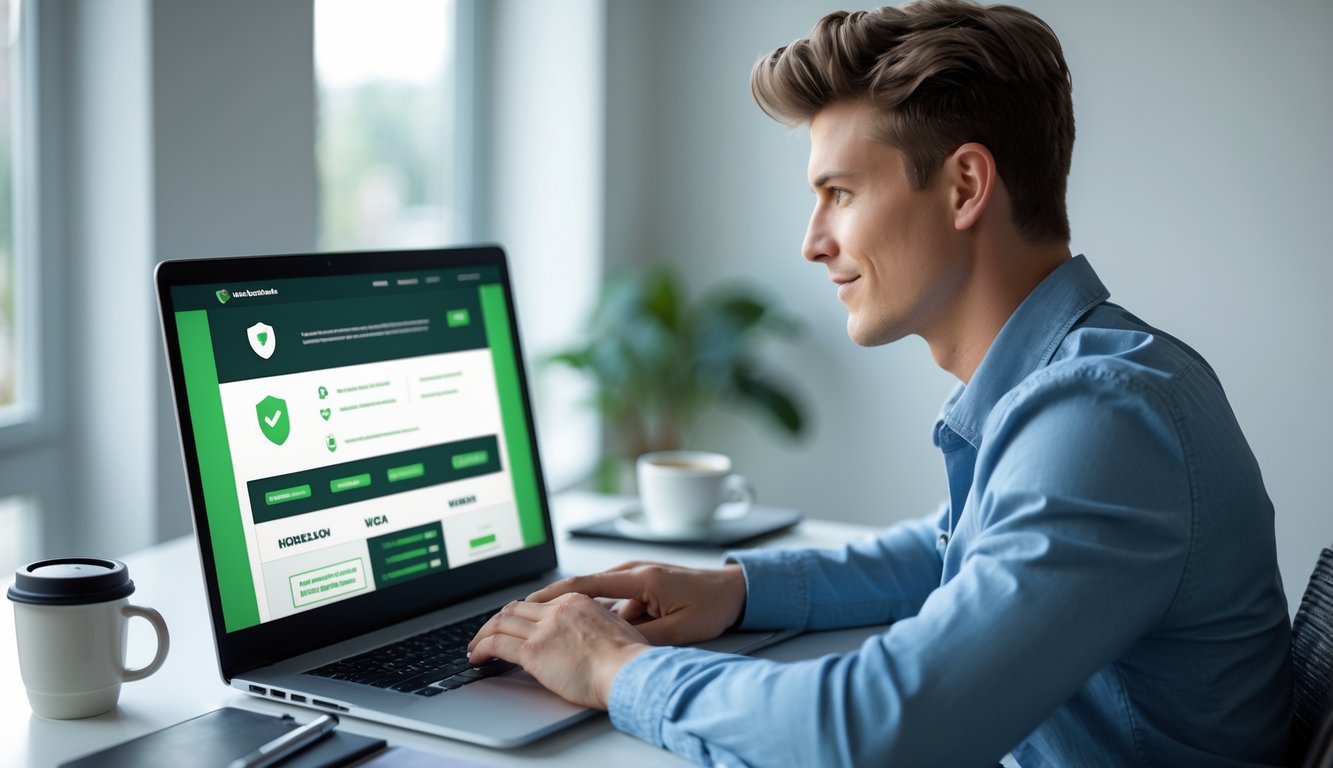 Seorang pria muda fokus menggunakan laptop di kantor modern dengan pencahayaan alami, menunjukkan suasana kerja yang aman dan profesional.