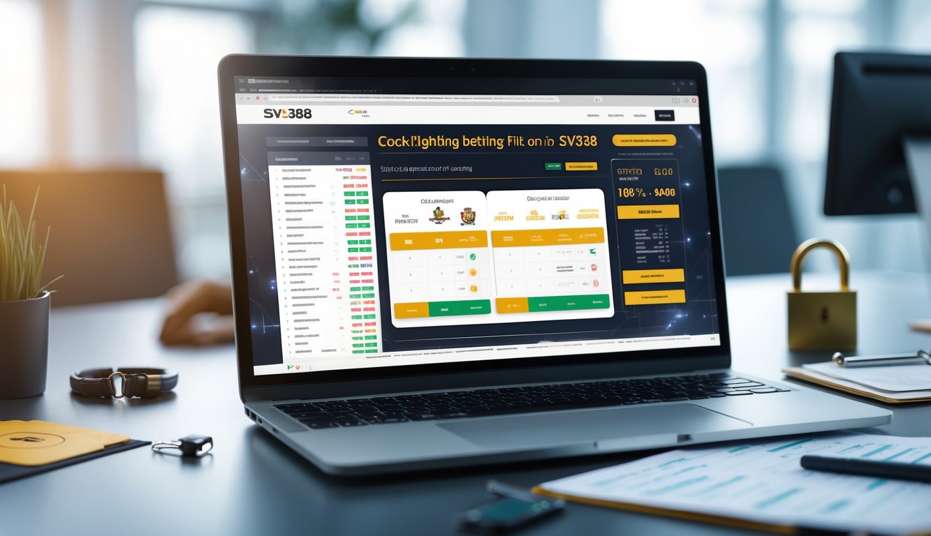 Meja kerja modern dengan laptop yang menampilkan situs taruhan sabung ayam, dikelilingi simbol keamanan seperti gembok dan papan ceklis.