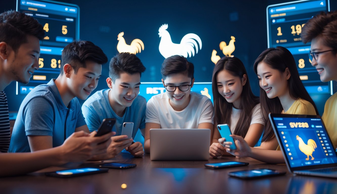 Sekelompok orang muda sedang menggunakan perangkat digital untuk bermain Sabung Ayam secara online dengan ekspresi fokus dan antusias.