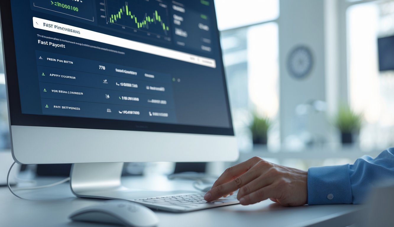 Seseorang menggunakan komputer dengan tampilan platform taruhan online yang modern dan mudah digunakan di lingkungan kantor yang terang.