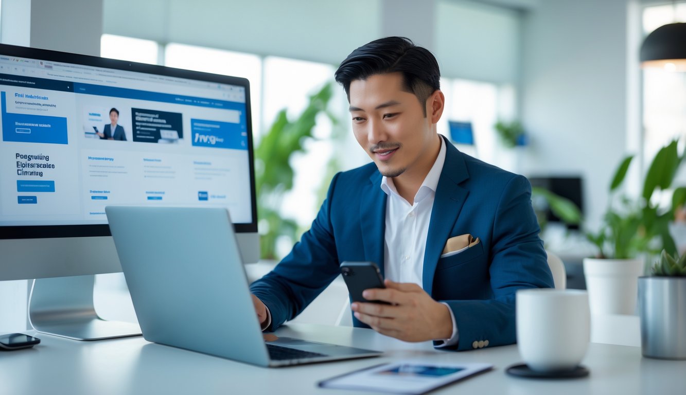 Seorang pria Asia Tenggara berpakaian rapi sedang bekerja dengan laptop dan ponsel di kantor modern yang terang dan rapi.