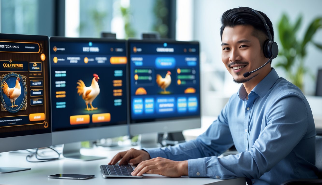 Seorang pria Asia Tenggara bekerja di meja kantor dengan beberapa layar komputer yang menampilkan antarmuka taruhan ayam sabung, terlihat fokus dan tersenyum.