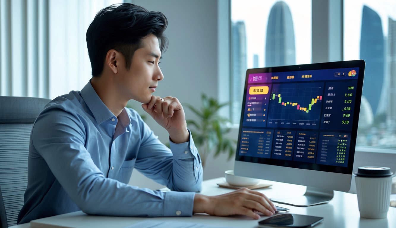 Seorang pria muda duduk di depan laptop di ruang kerja rumah, fokus menganalisis data togel online dengan latar belakang elemen khas Macau.