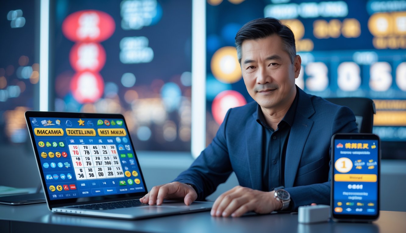 Seorang pria dewasa duduk di meja dengan laptop dan ponsel yang menampilkan angka togel, latar belakang menunjukkan suasana kasino Macau.
