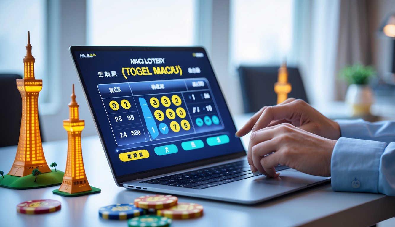 Seorang pengguna sedang menggunakan laptop dengan tampilan antarmuka togel Macau online, di meja terdapat chip kasino dan miniatur menara Macau.