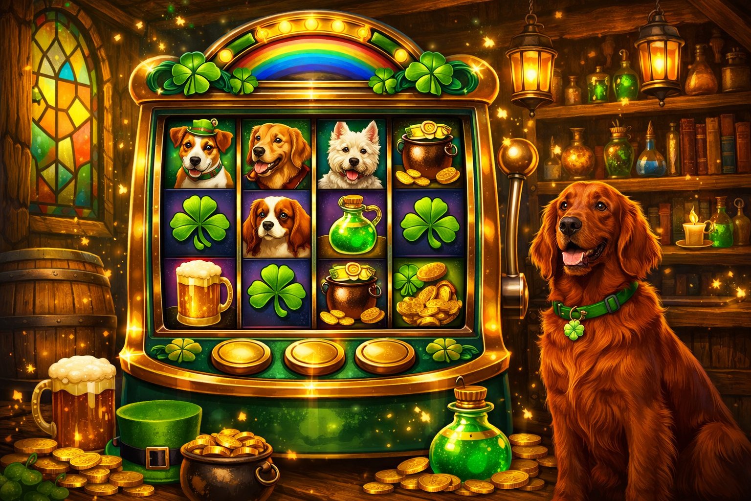 A Colorful Slot Machine Decorated With Dog Symbols And Shamrocks Inside A Cozy Irish Pub, With A Friendly Dog Sitting Nearby And Magical Elements Around.