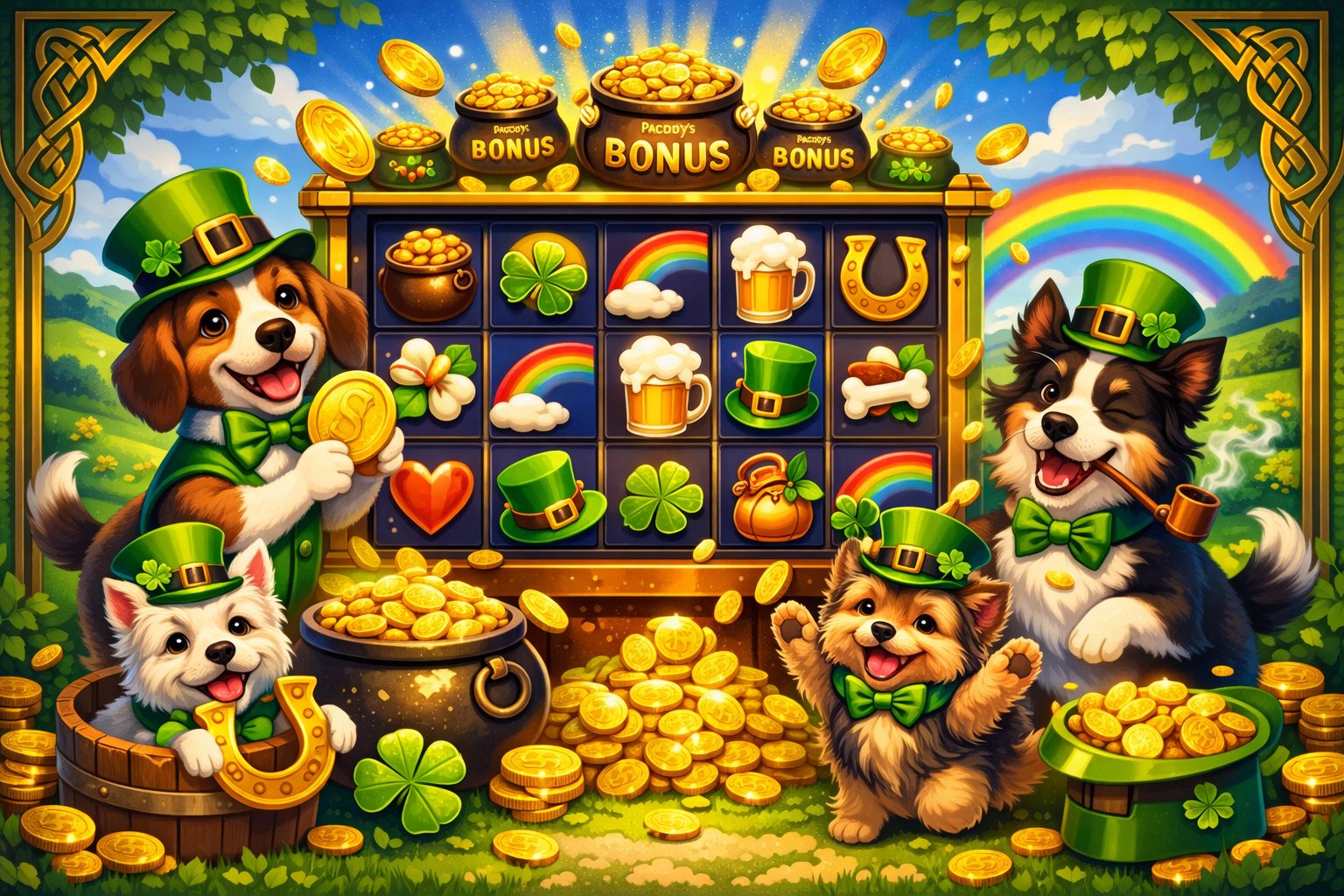 A Colorful Scene Showing A Slot Machine With Playful Dogs Dressed In IrishThemed Outfits Surrounded By Symbols Like Coins, Shamrocks, And Pots Of Gold In A Green Countryside Setting.