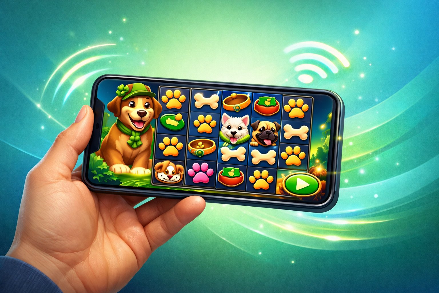 A Hand Holding A Smartphone Showing Colorful DogThemed Slot Game Icons With Glowing Signals Around It, Symbolizing Mobile Compatibility.