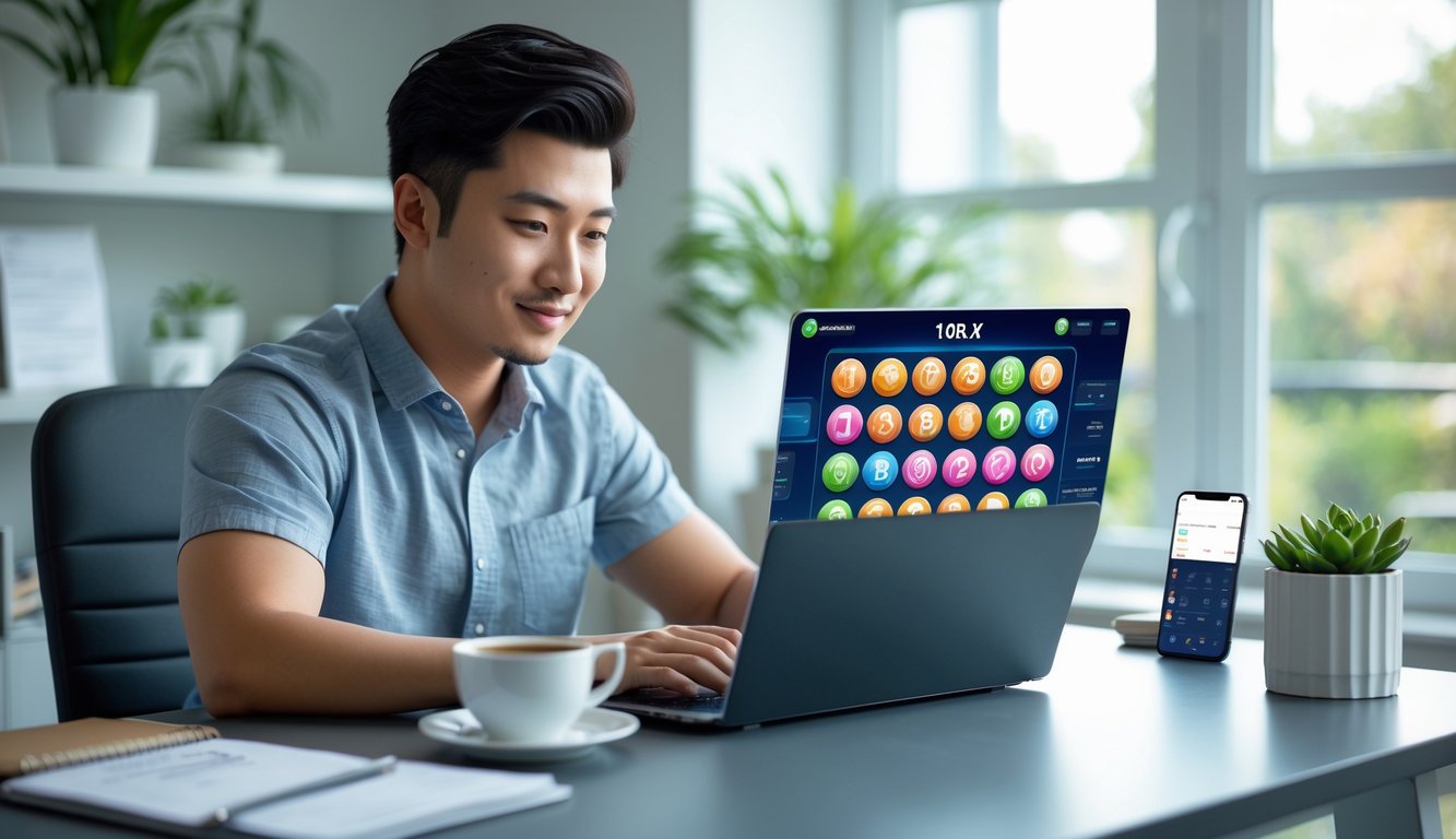 Seorang pria muda duduk di meja kerja dengan laptop, fokus pada layar komputer dalam ruangan yang terang dan nyaman.