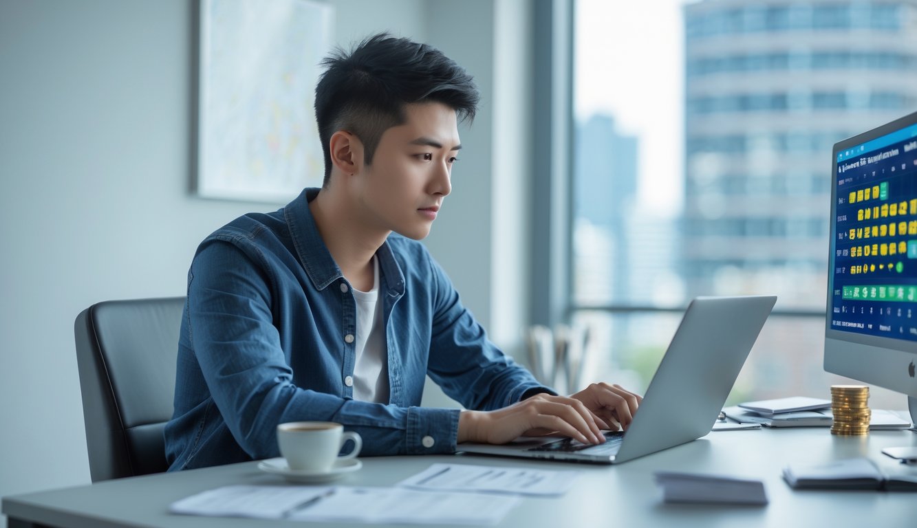 Seorang dewasa muda duduk di meja dengan laptop, fokus menganalisis angka togel di ruang kerja rumah yang terang dan rapi.