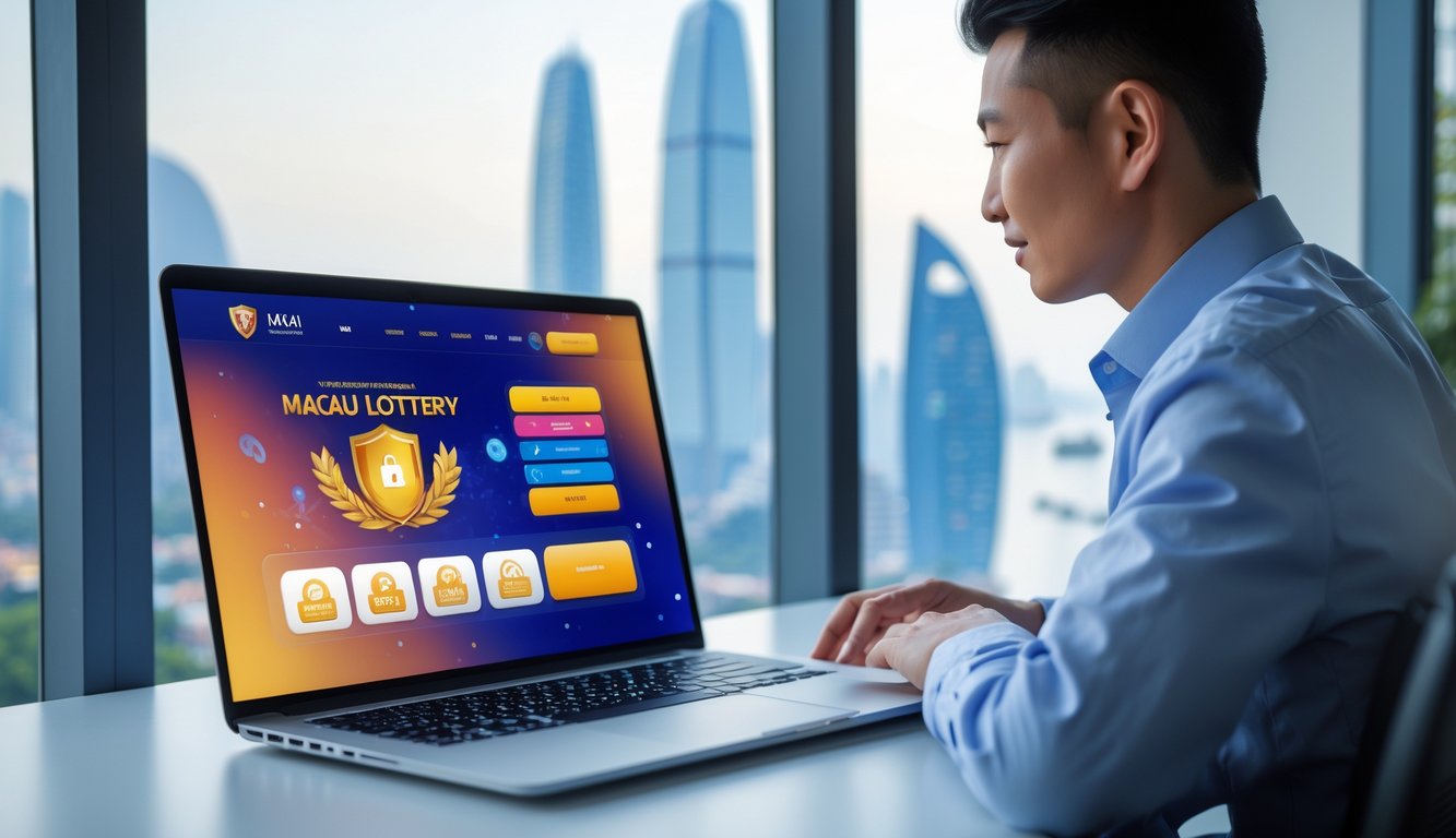 Seseorang menggunakan laptop di meja dengan latar belakang pemandangan kota Macau, menunjukkan suasana aman dan terpercaya untuk permainan togel online.