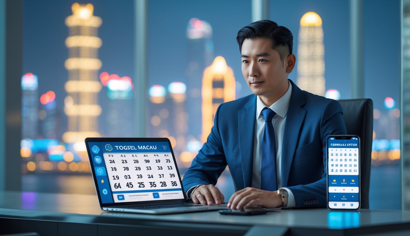 Seorang pria Asia duduk di meja dengan perangkat digital yang menampilkan angka lotere, latar belakang kota Macau yang samar terlihat.