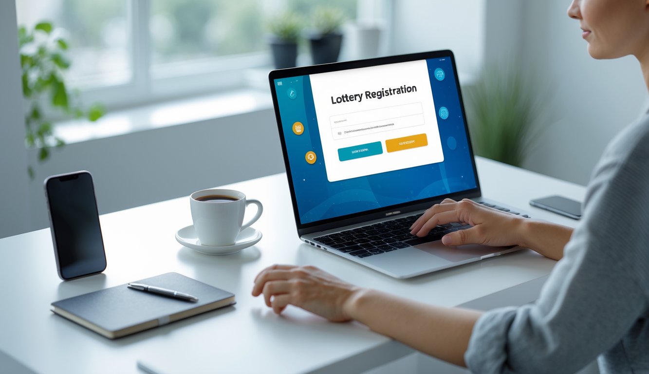 Seseorang sedang menggunakan laptop di meja kerja yang rapi untuk mendaftar togel secara online.