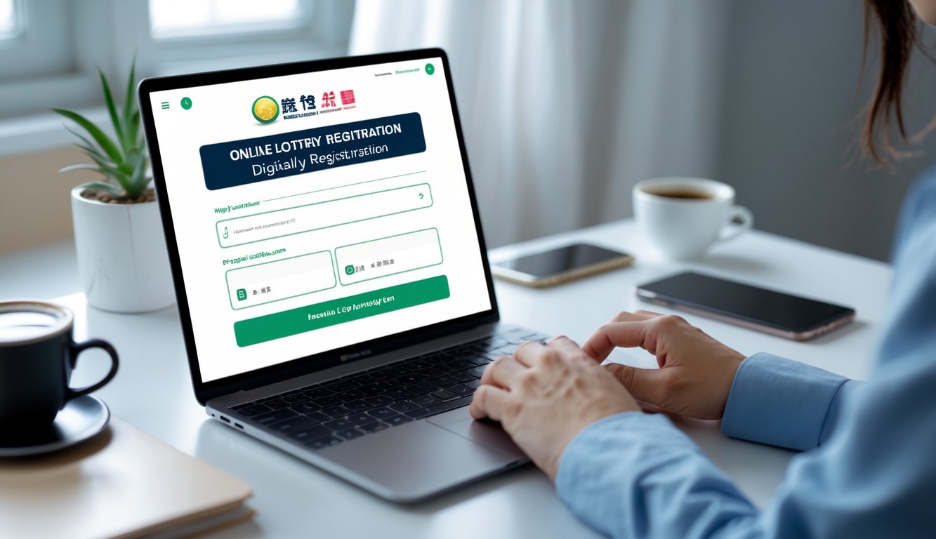 Seseorang sedang mengetik di laptop dengan formulir pendaftaran online terbuka di meja kerja yang rapi dan terang.