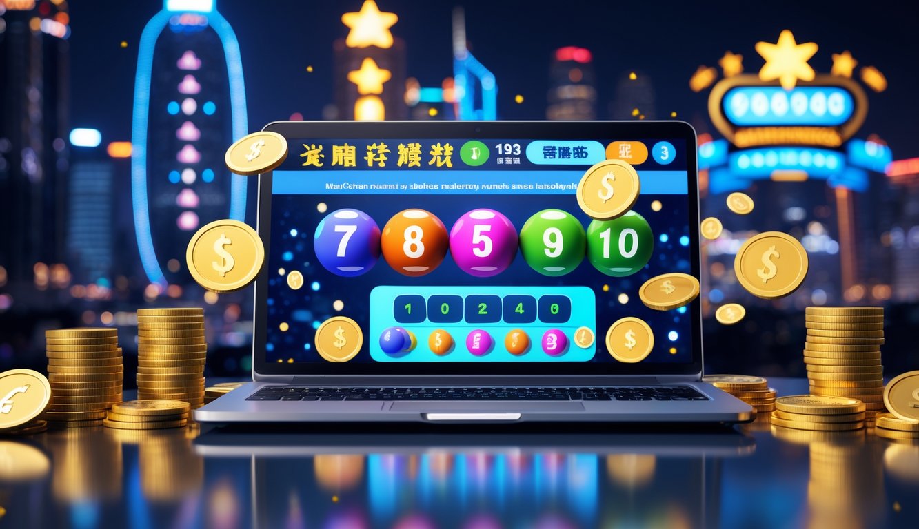 Seorang pria duduk di depan laptop dengan tampilan situs togel online dan berbagai simbol kemenangan dan bonus di sekitarnya, dengan latar belakang pemandangan kota Macau yang terang.