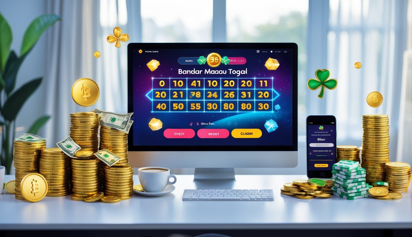 Seorang pria menggunakan komputer dengan layar menampilkan permainan togel online, di meja terdapat tumpukan uang dan koin emas sebagai simbol kemenangan besar.