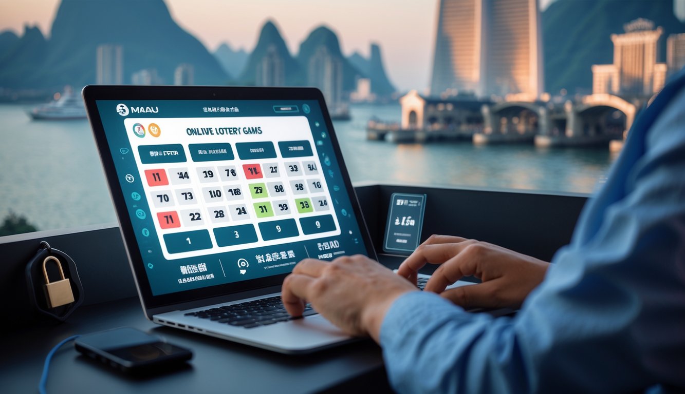 Seorang pengguna sedang bermain togel Macau online di laptop dengan latar belakang landmark terkenal Macau.