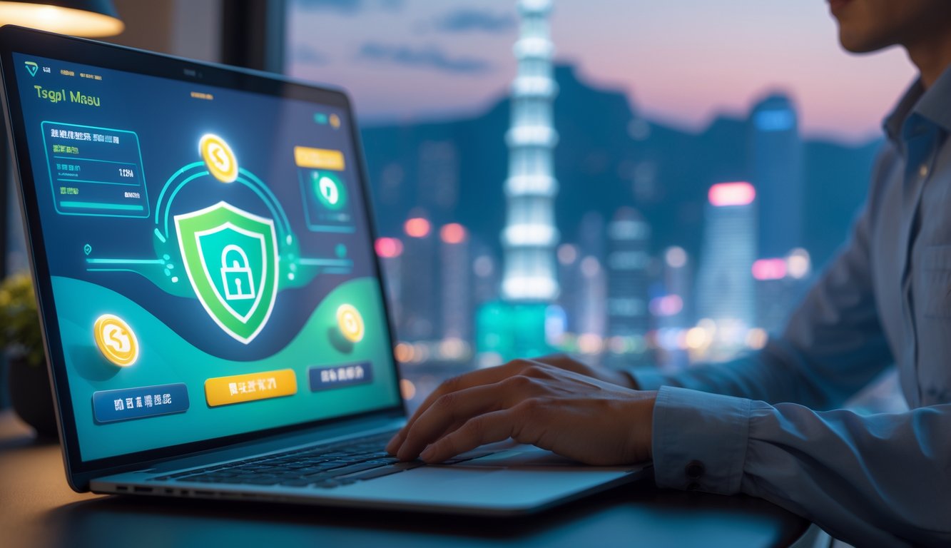 Seseorang menggunakan laptop di ruang kerja modern dengan latar belakang kota Macau yang samar, menunjukkan suasana bermain togel online yang aman dan terpercaya.