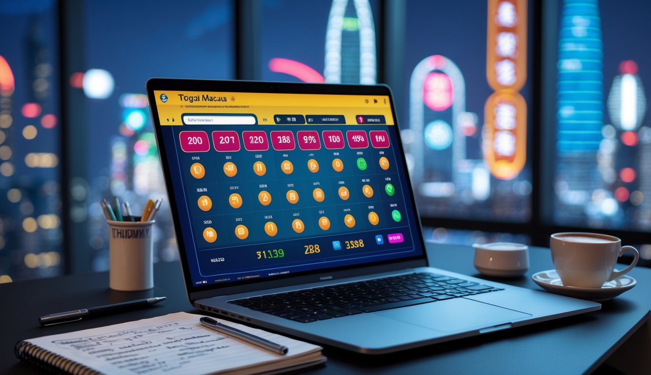 Seorang pria duduk di depan laptop dengan layar menampilkan angka dan grafik lotere, di meja terdapat buku catatan dan kopi, latar belakang menunjukkan pemandangan kota Macau yang samar.