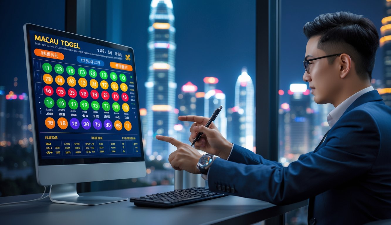 Seorang pria sedang menganalisis data togel Macau secara online di depan komputer dengan latar belakang pemandangan kota Macau malam hari.