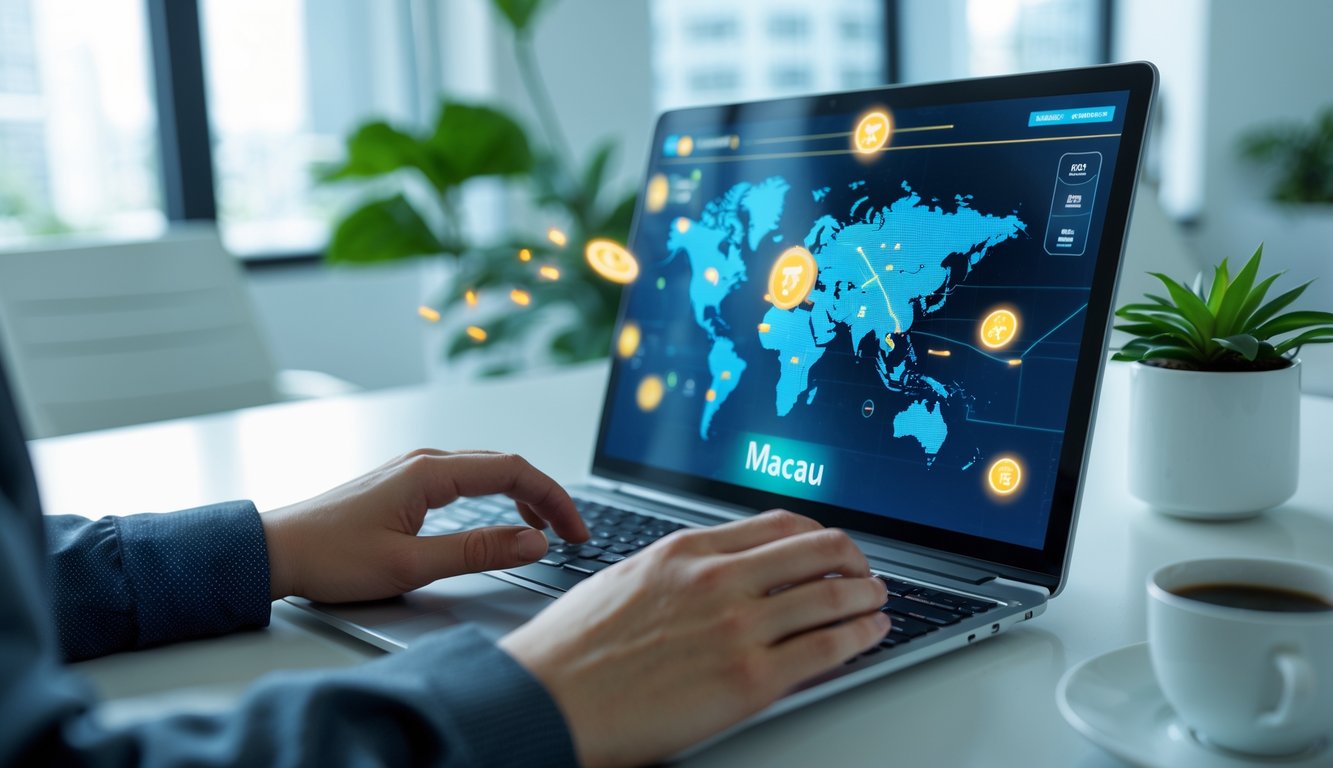 Seseorang sedang menggunakan laptop di ruang kerja modern dengan peta digital Macau di layar.