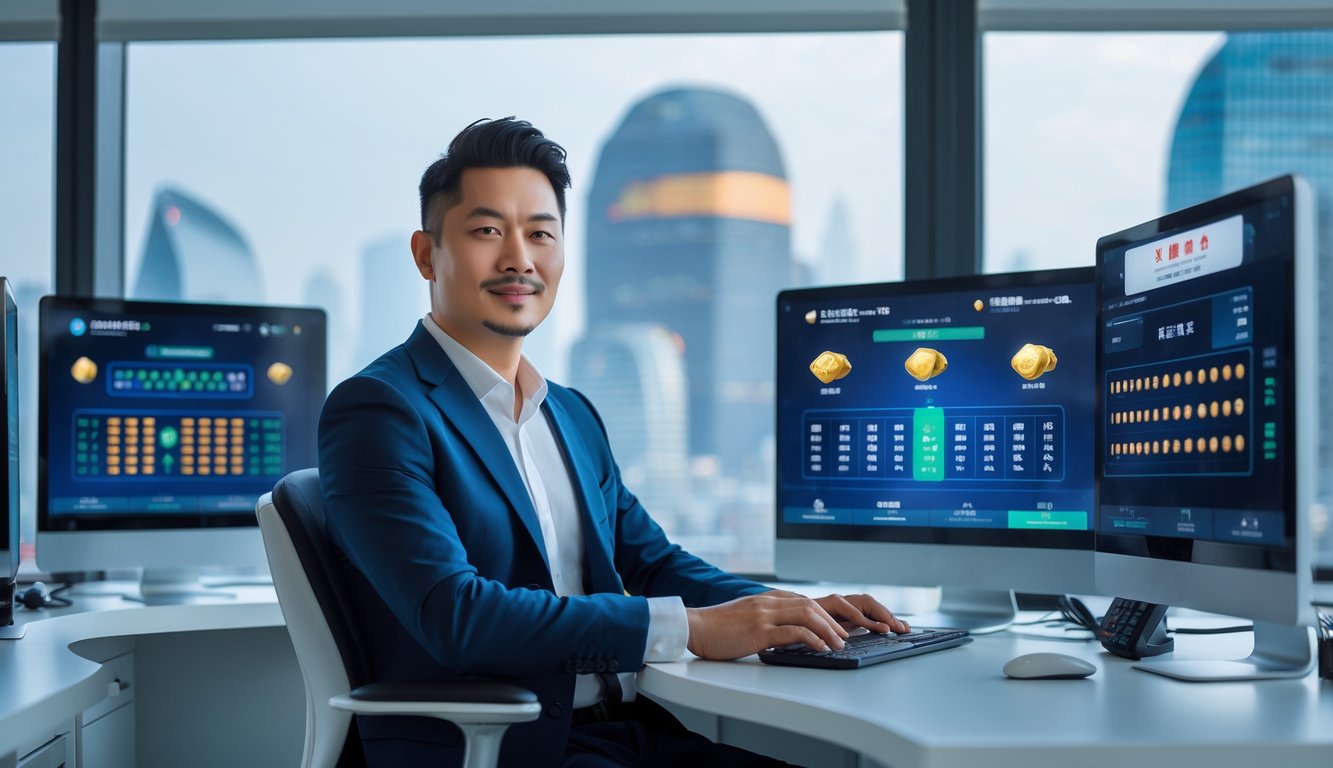 Seorang pria Asia duduk di meja kantor dengan beberapa layar komputer yang menampilkan antarmuka lotere digital, dengan pemandangan kota Macau di latar belakang.