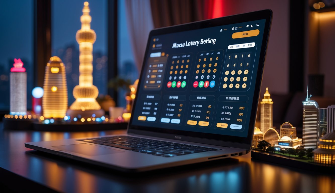 Seseorang menggunakan laptop di meja dengan miniatur gedung-gedung terkenal Macau di latar belakang, suasana ruangan hangat dan tenang.