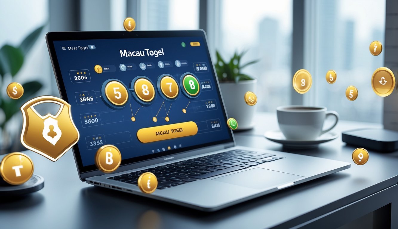 Seorang profesional sedang menggunakan laptop di meja kerja dengan tampilan antarmuka lotere digital yang menunjukkan angka dan grafik, di lingkungan yang terang dan rapi.