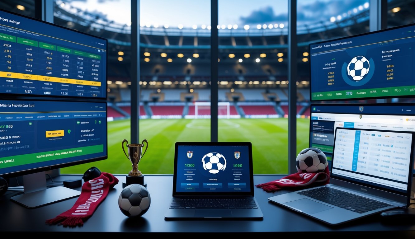 Seorang analis olahraga di meja kerja dengan monitor menampilkan statistik sepak bola dan prediksi pencetak gol di Liga Inggris, dengan latar belakang stadion yang diterangi lampu dan penonton.