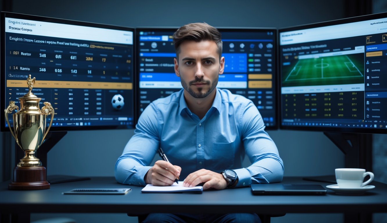 Seorang analis olahraga sedang bekerja di depan beberapa monitor yang menampilkan data pertandingan sepak bola Liga Inggris.