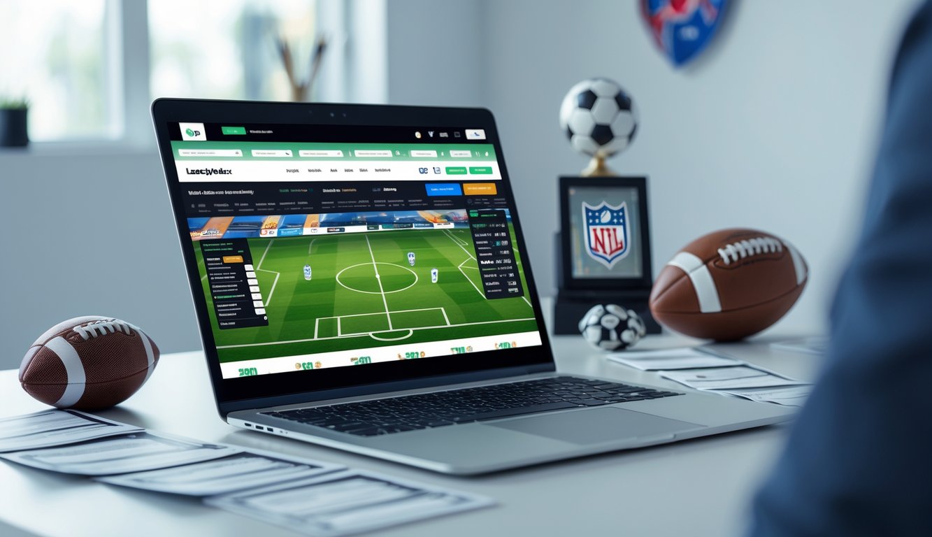Seorang pria menggunakan komputer di meja kerja dengan layar menampilkan situs taruhan bola online, dikelilingi bola sepak dan alat taruhan.