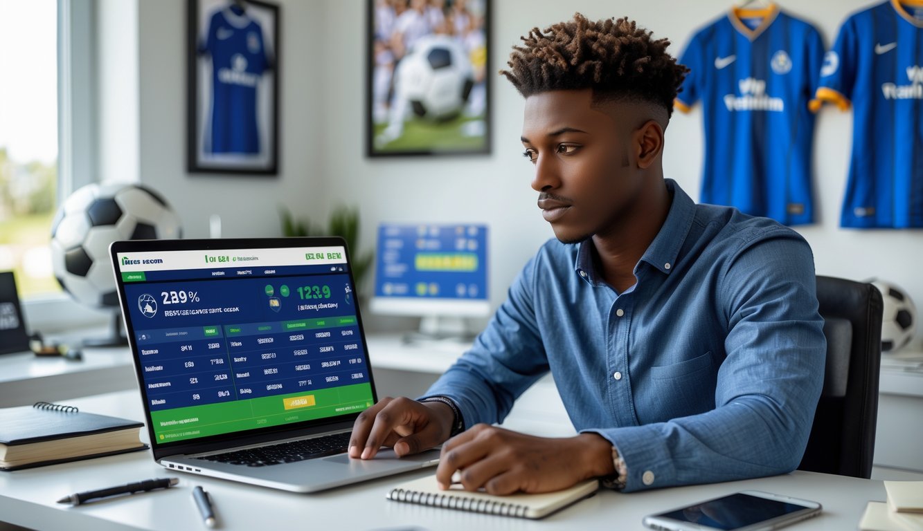 Seorang pria muda duduk di meja dengan laptop dan ponsel, sedang menganalisis statistik sepak bola di ruang kerja rumah.