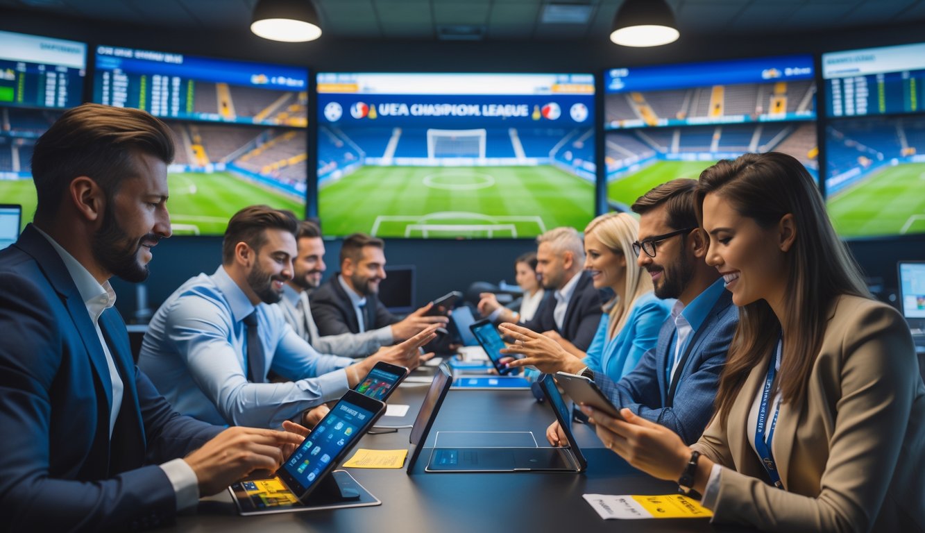 Beberapa orang sedang memasang taruhan pada pencetak gol terakhir di pertandingan sepak bola Liga Champions di dalam ruangan dengan layar besar menampilkan pertandingan.