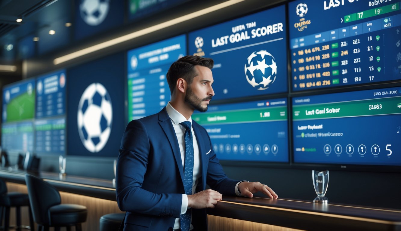 Seorang pria berpakaian rapi sedang melihat beberapa layar digital yang menampilkan statistik dan informasi taruhan sepak bola Liga Champions di sebuah ruangan modern.