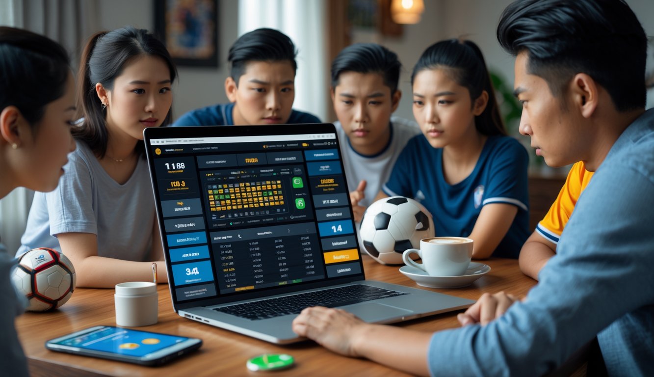 Beberapa orang muda sedang berkumpul di sekitar meja dengan laptop dan ponsel, melihat data dan berdiskusi tentang taruhan sepak bola.