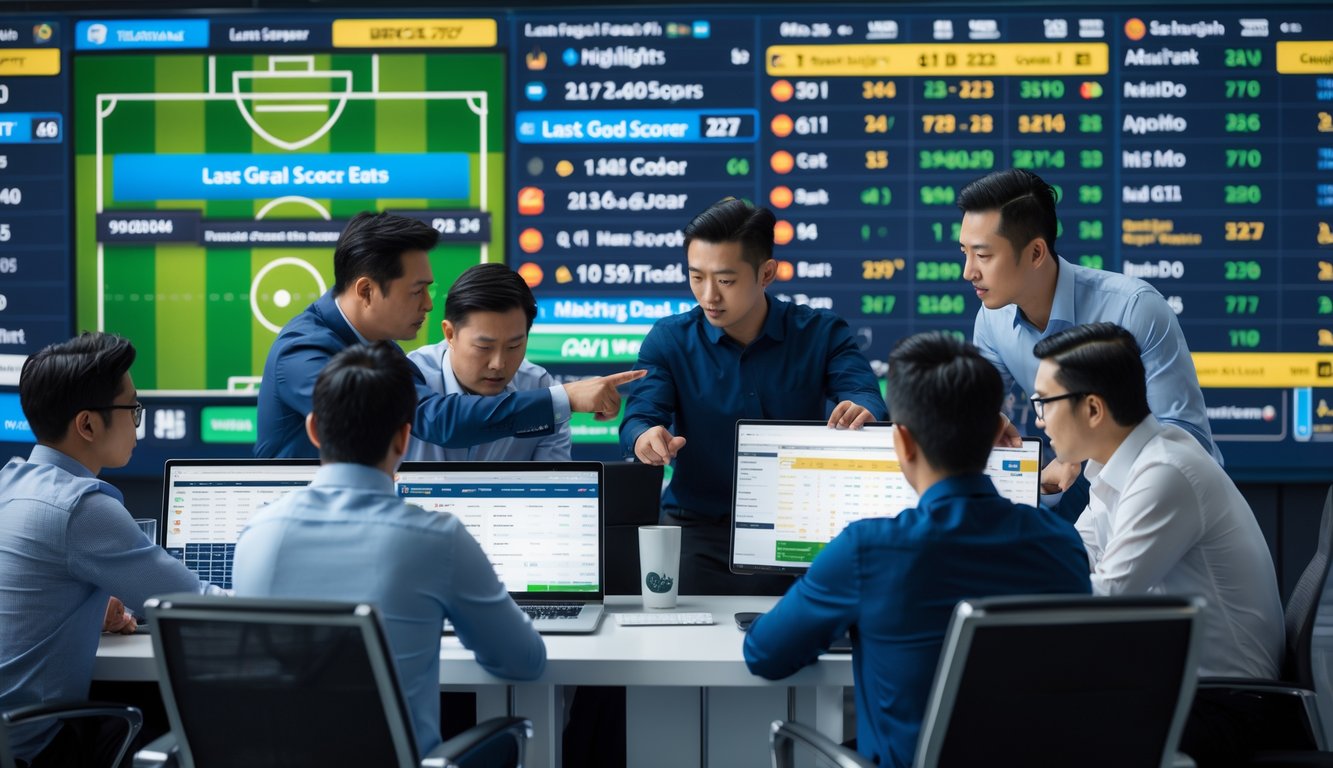 Orang-orang sedang menganalisis statistik pertandingan sepak bola dan peluang taruhan di sebuah ruang taruhan modern.