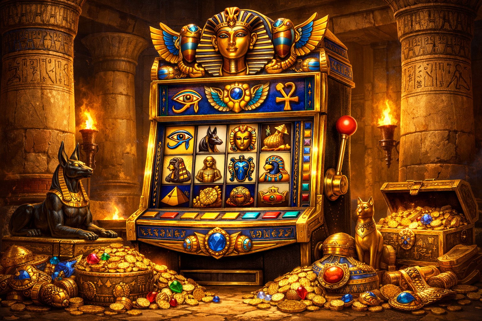 An Ancient EgyptianThemed Slot Machine Surrounded By Gold Coins, Jewels, And Statues Inside A Temple With Sandstone Columns And Torchlight.