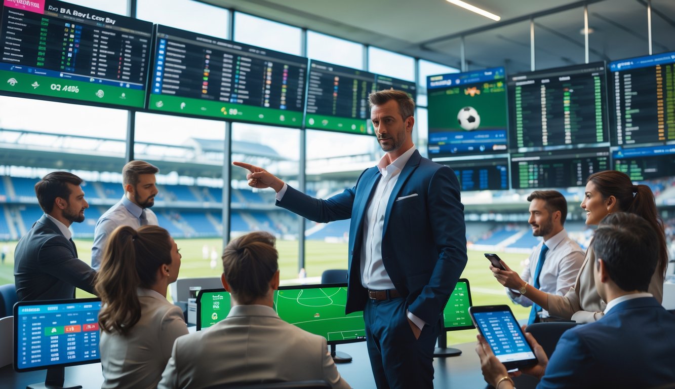Orang-orang sedang menganalisis data pertandingan sepak bola di kantor dengan layar besar dan perangkat digital.