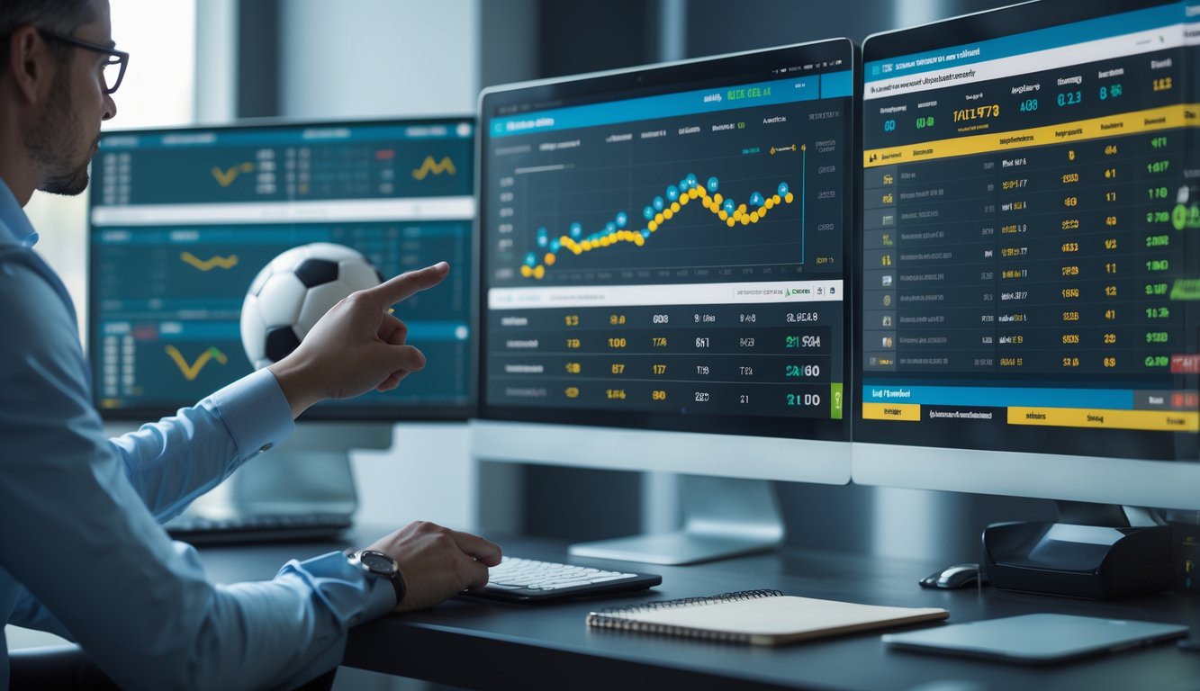Seorang profesional sedang menganalisis data statistik sepak bola di depan beberapa layar komputer di ruang kerja modern.