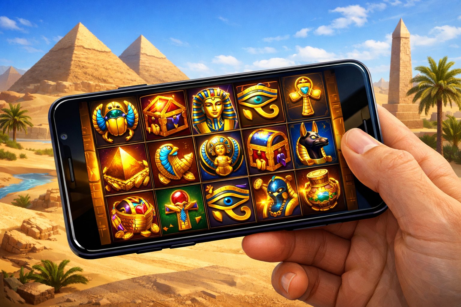 A Hand Holding A Mobile Device Showing An Ancient EgyptThemed Slot Game With Symbols Like Scarabs And Pharaoh Masks, Set Against A Desert Background With Pyramids.